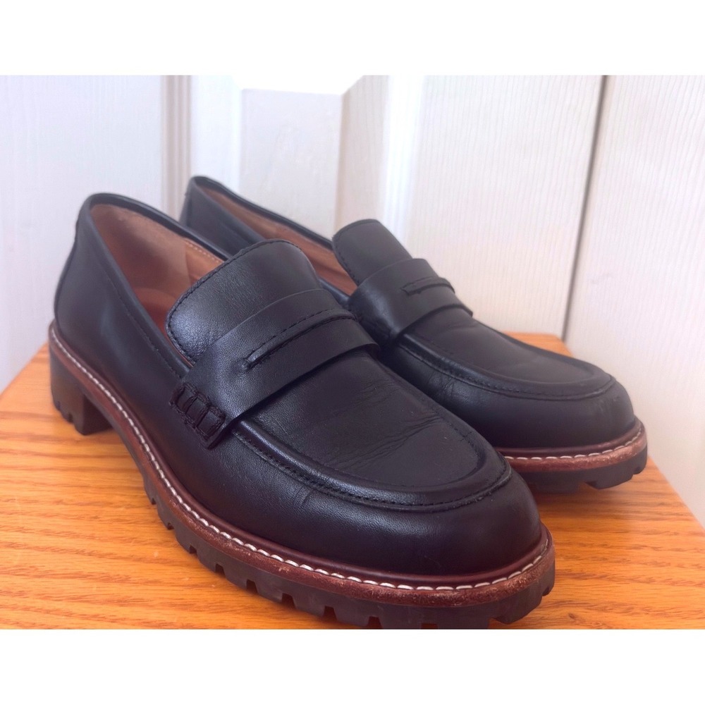 Madewell Corinne Black Leather Chunky Lug Sole Penny Loafers 6.5
